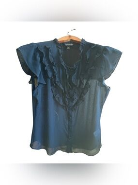 Banana Republic Dark Blue Ruffle Front Flutter Sleeve Button Up Sheer Blouse MED